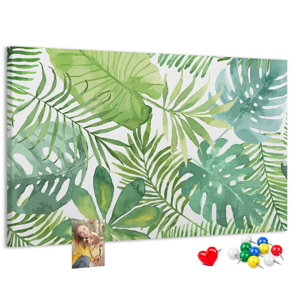 Kurken prikbord met aquarelprint van tropische groene bladeren
