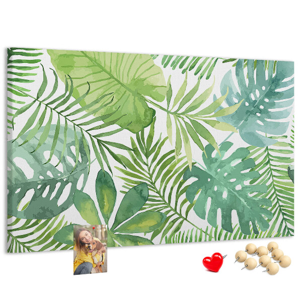 Kurken prikbord met aquarelprint van tropische groene bladeren
