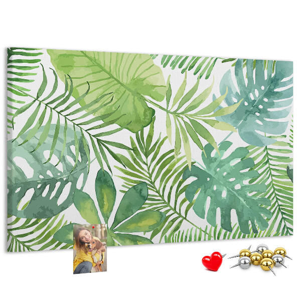 Kurken prikbord met aquarelprint van tropische groene bladeren