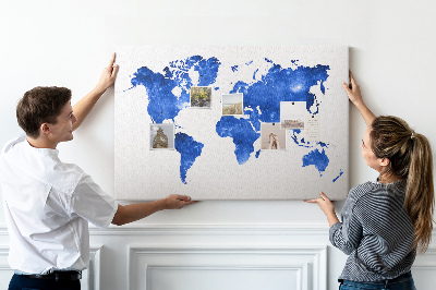 Prikbord wereldkaart in blauwe aquarel