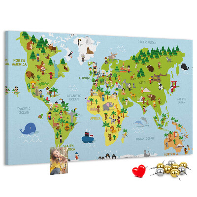 Prikbord met een kleurrijke wereldkaart en dierenfiguren