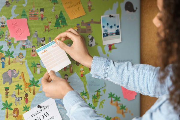 Prikbord met een kleurrijke wereldkaart en dierenfiguren