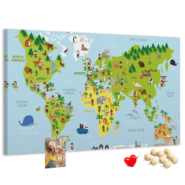 Prikbord met een kleurrijke wereldkaart en dierenfiguren