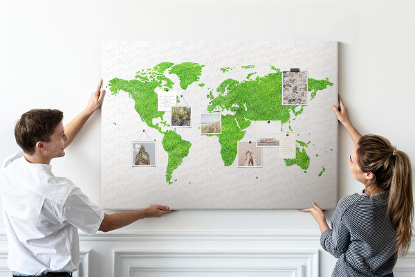 Prikbord wereldkaart in groene gazonstijl