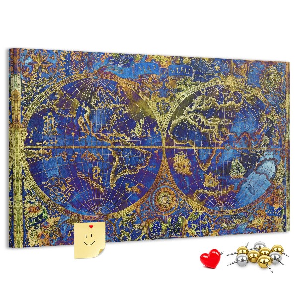 Prikbord met een oude wereldkaart in rijke kleuren