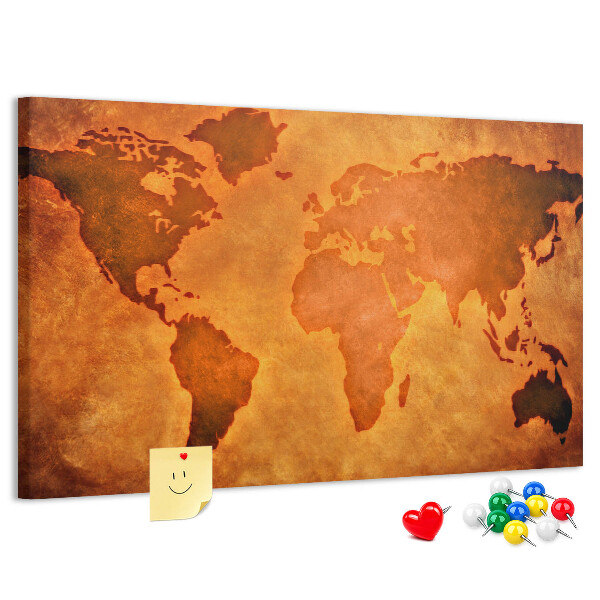 Prikbord met kaart van de oude wereld op een bruine achtergrond