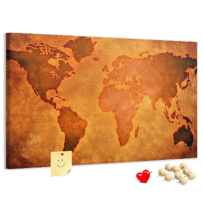 Prikbord met kaart van de oude wereld op een bruine achtergrond