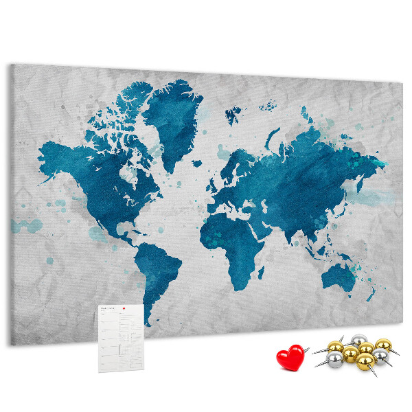 Kurk prikbord ets van een wereldkaart in blauwe tinten