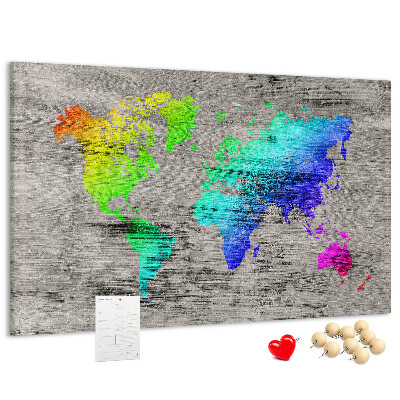 Prikbord kleurrijke wereldkaart op een grijze achtergrond