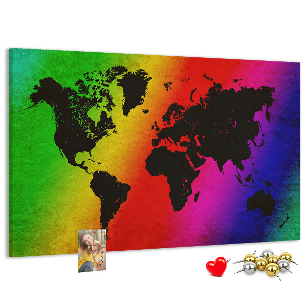 Kurkbord wereldkaart in regenboogkleuren