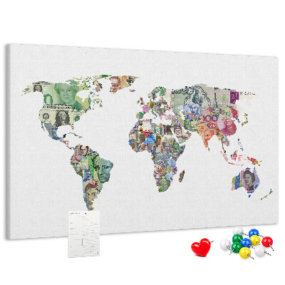 Kurkbord met een wereldkaart van bankbiljetten