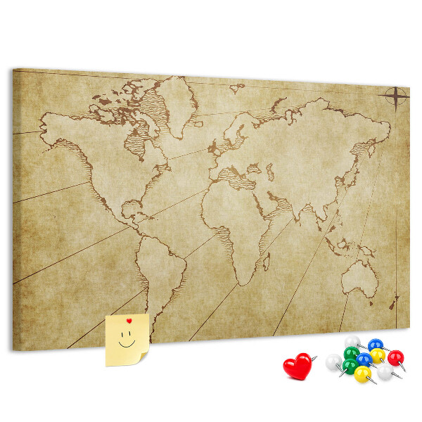 Prikbord met een oude wereldkaart met continenten