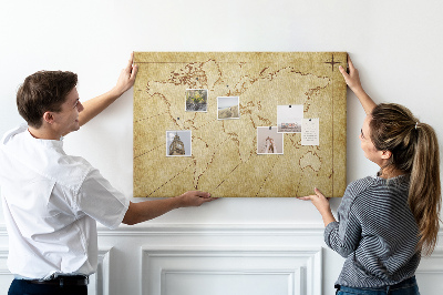 Prikbord met een oude wereldkaart met continenten