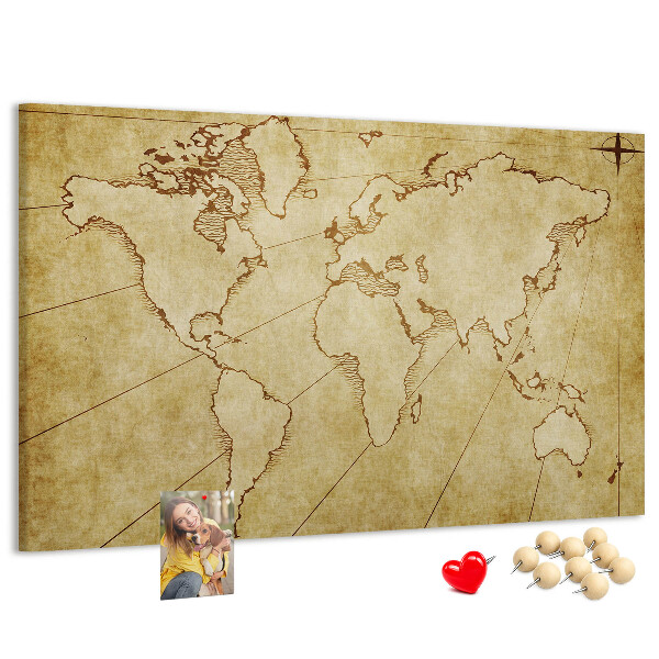Prikbord met een oude wereldkaart met continenten