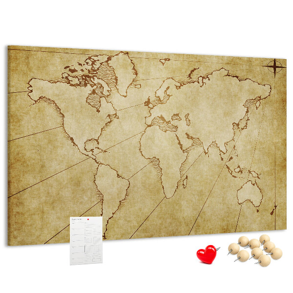 Prikbord met een oude wereldkaart met continenten