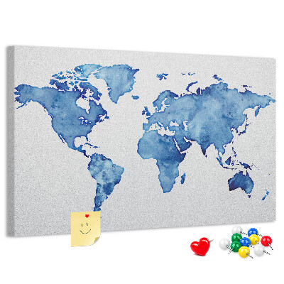Wereldkaart van blauwe aquarelverf kurkbord