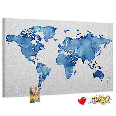 Wereldkaart van blauwe aquarelverf kurkbord