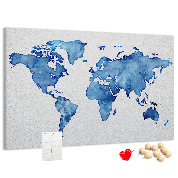 Wereldkaart van blauwe aquarelverf kurkbord