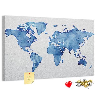 Wereldkaart van blauwe aquarelverf kurkbord