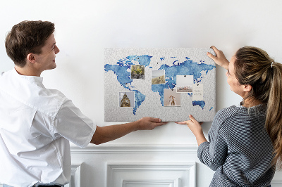 Wereldkaart van blauwe aquarelverf kurkbord