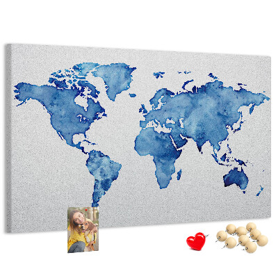 Wereldkaart van blauwe aquarelverf kurkbord