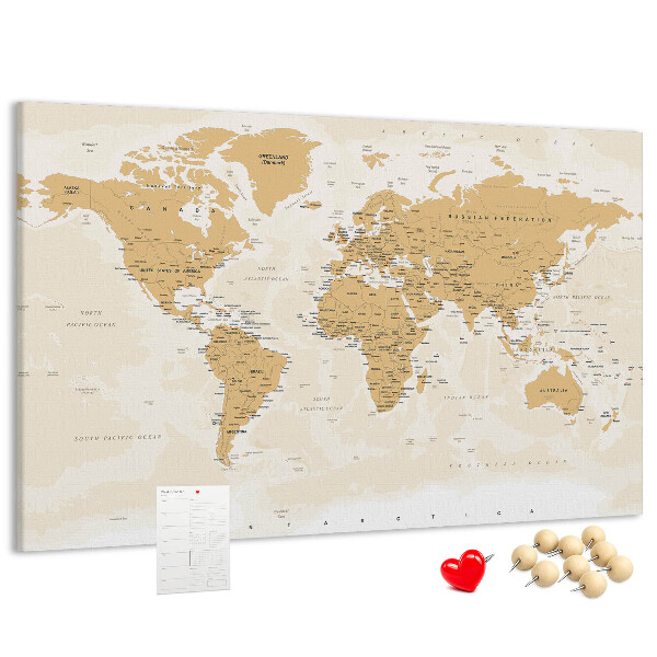 Kurkbord wereldkaart met locatieaanduidingen