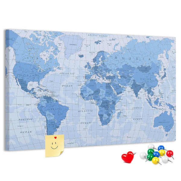 Prikbord wereldkaart in verschillende blauwtinten
