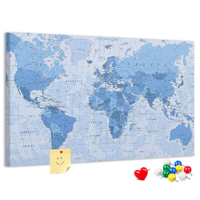 Prikbord wereldkaart in verschillende blauwtinten