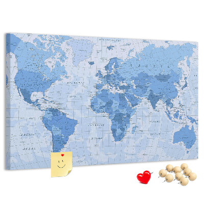 Prikbord wereldkaart in verschillende blauwtinten