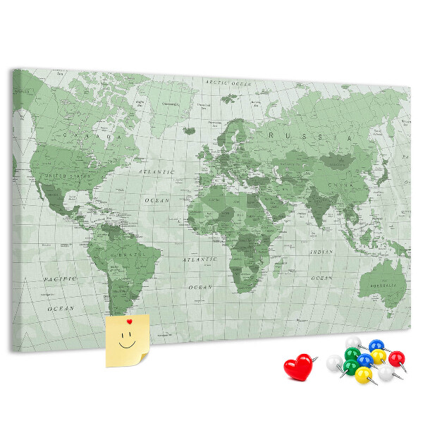 Kurkbord groene wereldkaart met continenten