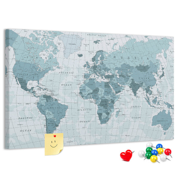 Prikbord wereldkaart in verschillende blauwtinten