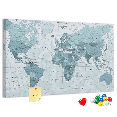 Prikbord wereldkaart in verschillende blauwtinten