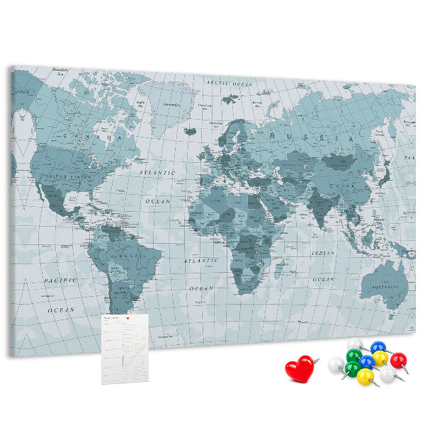 Prikbord wereldkaart in verschillende blauwtinten