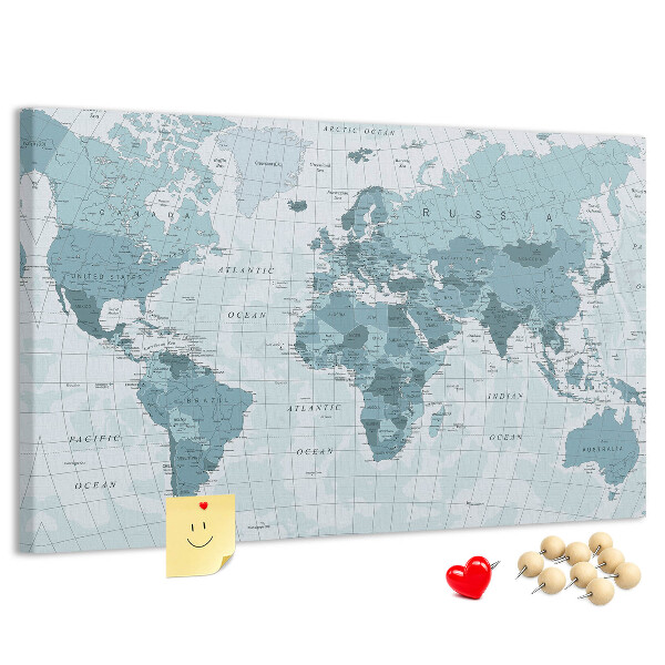 Prikbord wereldkaart in verschillende blauwtinten