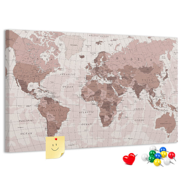 Kurkbord wereldkaart in verschillende tinten roze