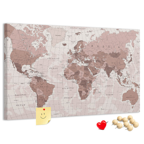 Kurkbord wereldkaart in verschillende tinten roze