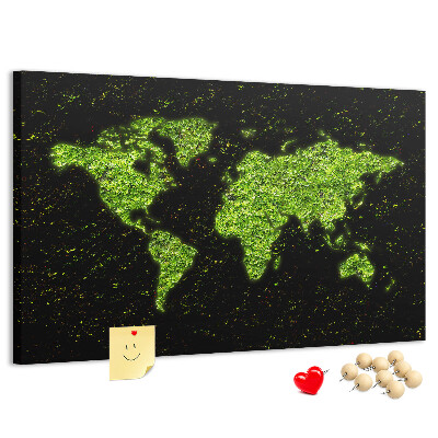 Kurken prikbord met een groene wereldkaart op een zwarte achtergrond
