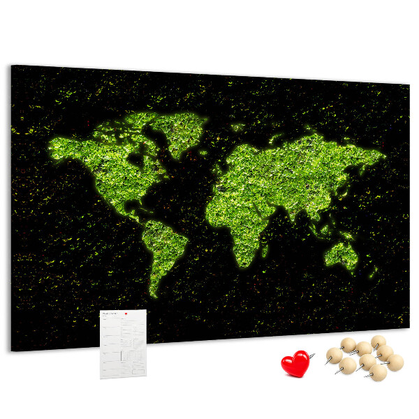 Kurken prikbord met een groene wereldkaart op een zwarte achtergrond