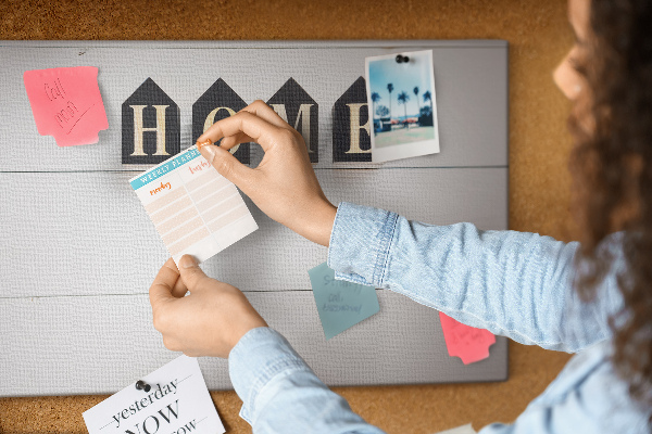 Kurkbord met stijlvolle letters op een houten achtergrond