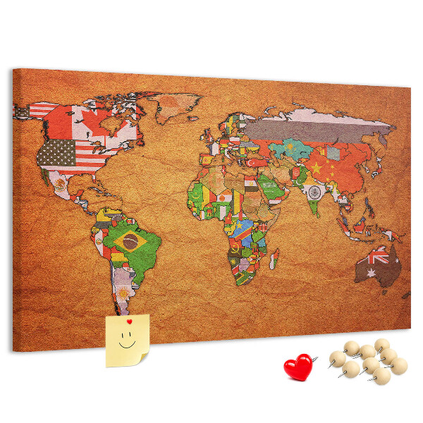 Kurken prikbord met wereldkaart en landvlaggen