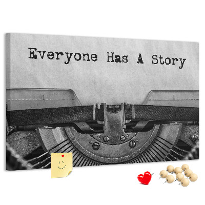 Kurken prikbord met de opdruk Het verhaal verborgen in een typemachine