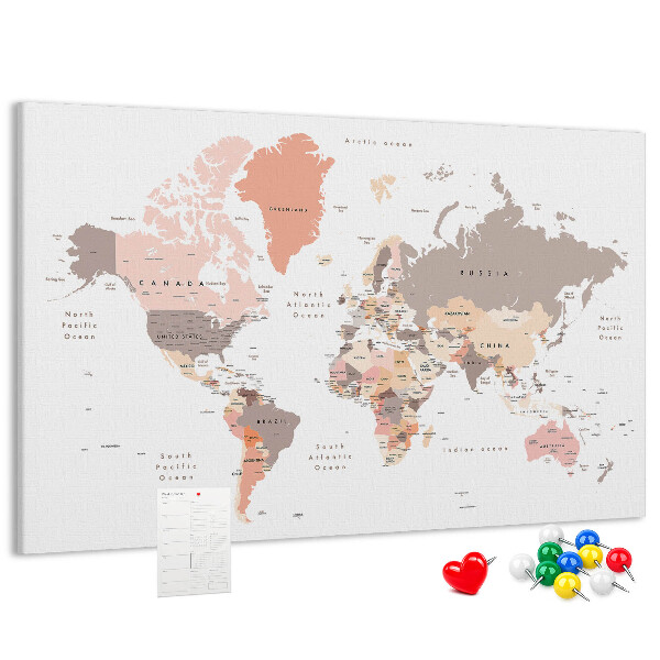 Prikbord wereldkaart in ingetogen kleuren