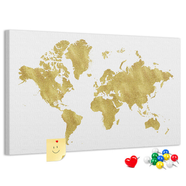 Kurkbord wereldkaart in goud op een witte achtergrond