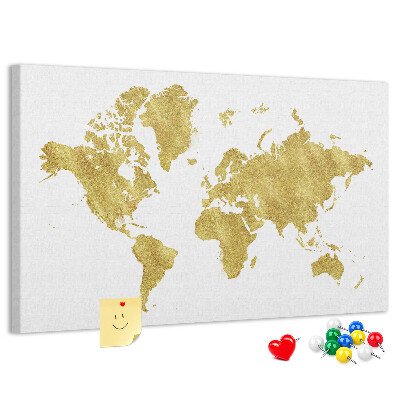Kurkbord wereldkaart in goud op een witte achtergrond