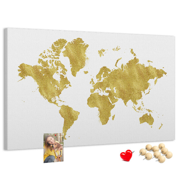 Kurkbord wereldkaart in goud op een witte achtergrond