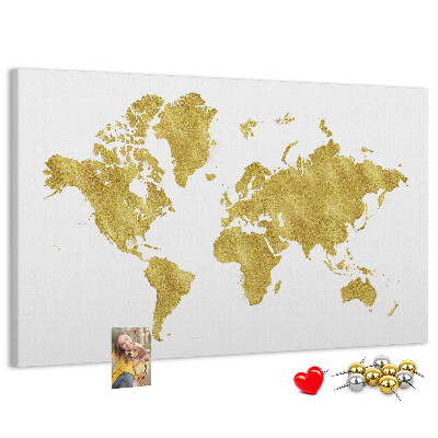 Kurkbord wereldkaart in goud op een witte achtergrond