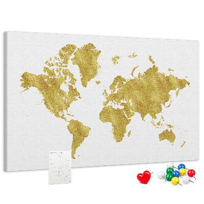 Kurkbord wereldkaart in goud op een witte achtergrond