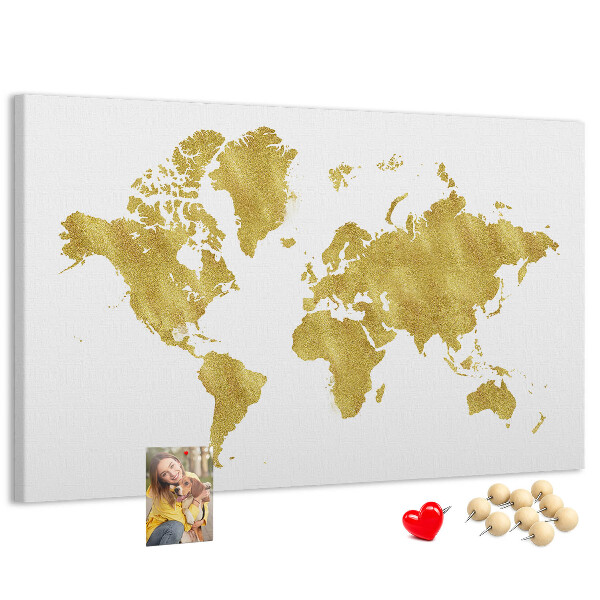 Kurkbord wereldkaart in goud op een witte achtergrond