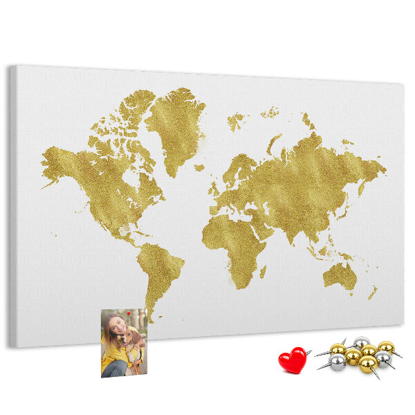 Kurkbord wereldkaart in goud op een witte achtergrond