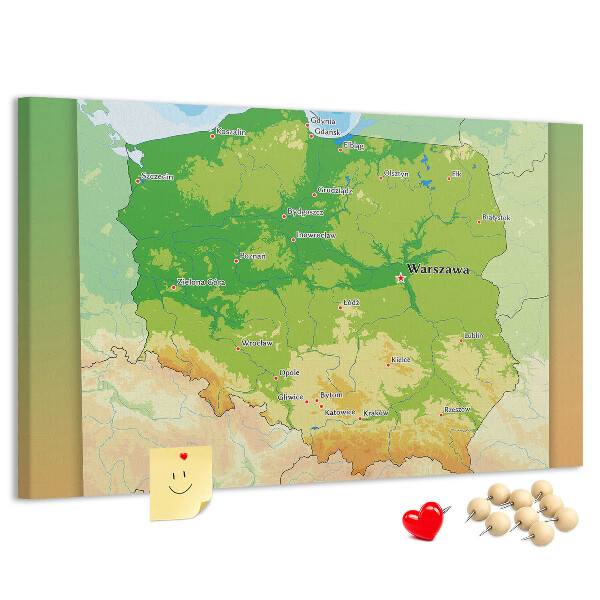 Kurk prikbord met kaart van Polen en gemarkeerd Warschau